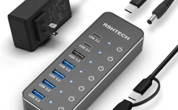 RSHTECH 전원 USB 허브 3.2 USB C 분배기, 개별 터치 온/오프 스위치, 맥북 맥용 USB 익스텐션, 10Gbps 데이터 허브