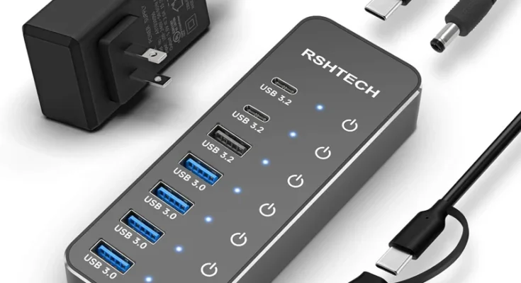 RSHTECH 전원 USB 허브 3.2 USB C 분배기, 개별 터치 온/오프 스위치, 맥북 맥용 USB 익스텐션, 10Gbps 데이터 허브