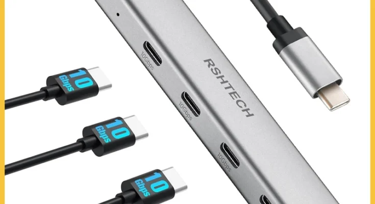 RSHTECH 맥북 노트북용 USB C 허브, 휴대용 분배기, 알루미늄 USB C타입-USB C 어댑터, 10Gbps 4 포트 USB 3.1/3.2 Gen2 허브